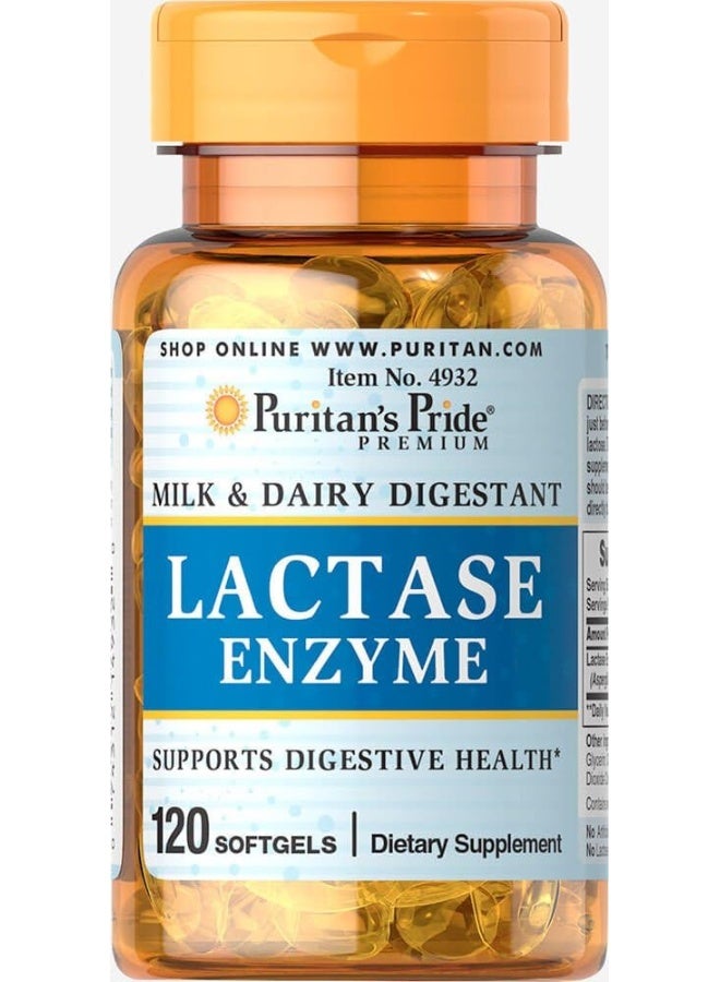 Puritan's Pride Lactase Enzyme, Milk and Dairy Digestant, Dietary Supplement Support for Digestion, and Cellular Energy Support, 40 Day Supply, 120 Softgels
